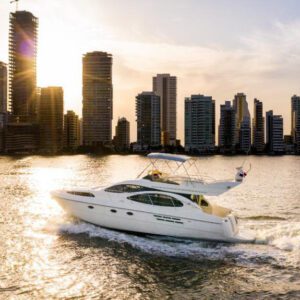 Azimut yacht docked at Cartagena marina with the skyline in the background