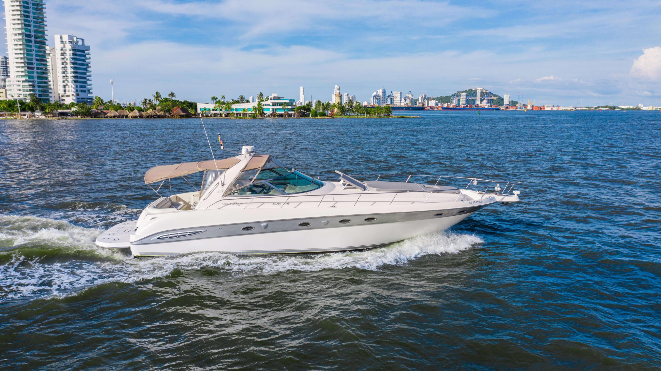 Wide shot of Palladium floating in clear Caribbean waters