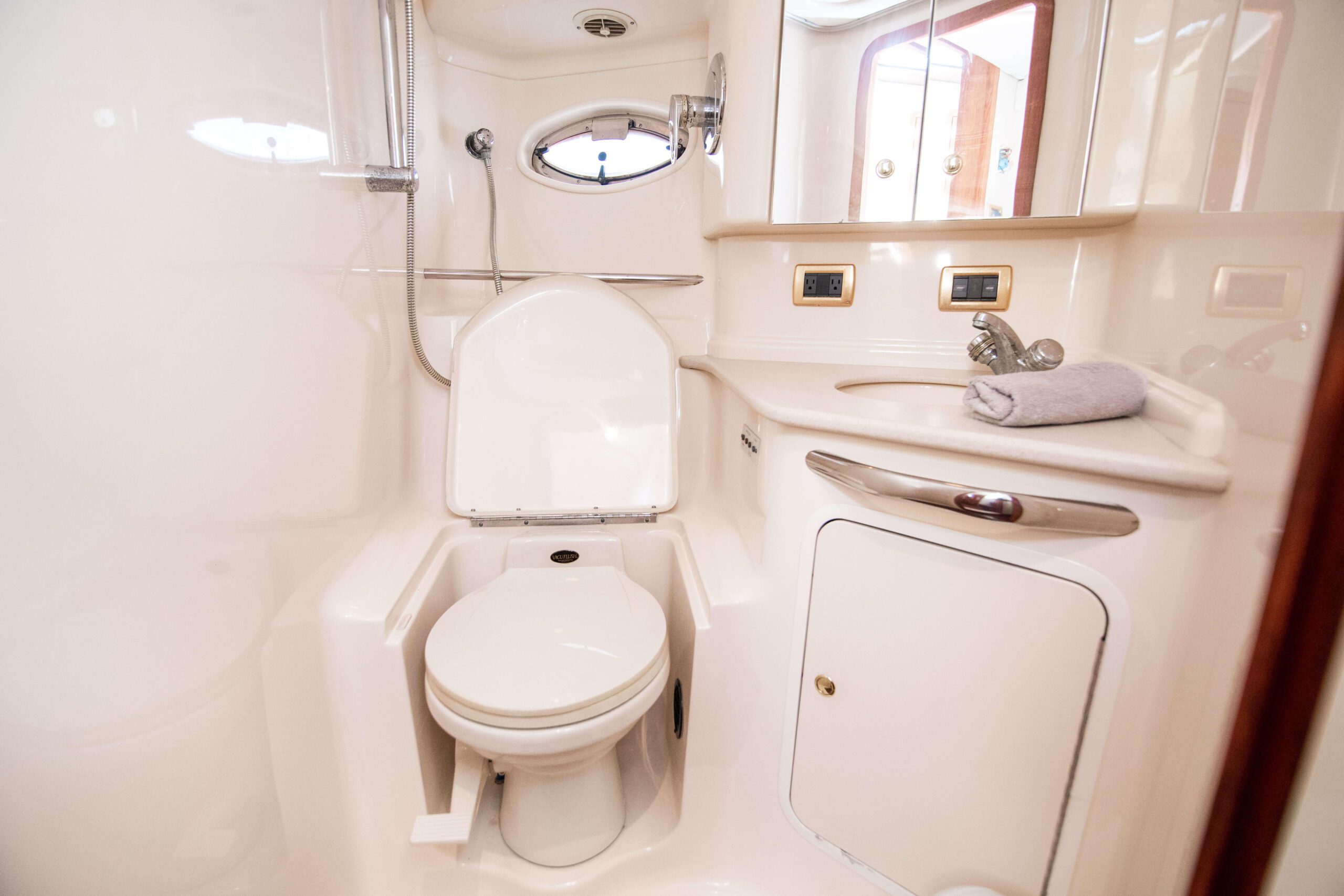 Interior galley and lounge of the Palladium yacht with large windows