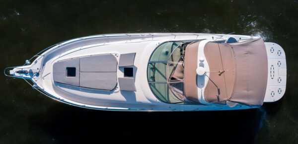 Flybridge of the 46ft Palladium yacht with cushioned seating