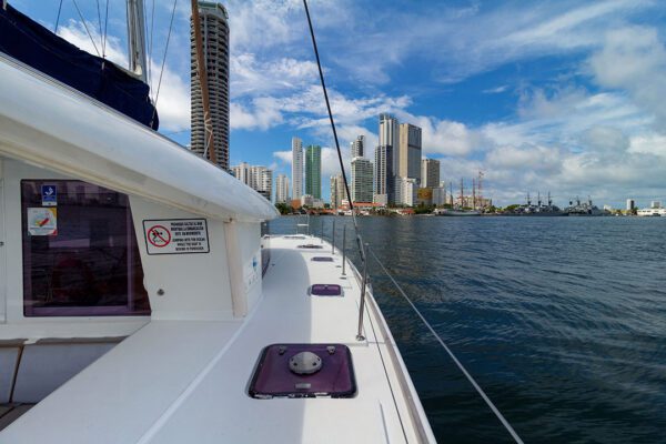 Guests jumping off Xem 3 catamaran into the sea