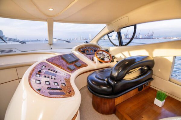 Elegant interior of Azimut yacht with leather seating and panoramic windows