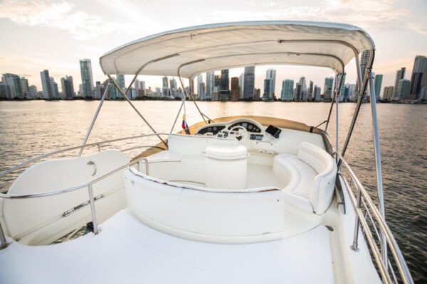 Aerial view of Azimut yacht floating in turquoise water off Cartagena