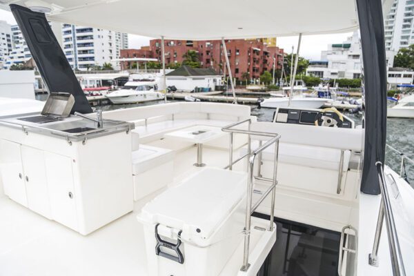 Dining setup on New Horizon with sea views