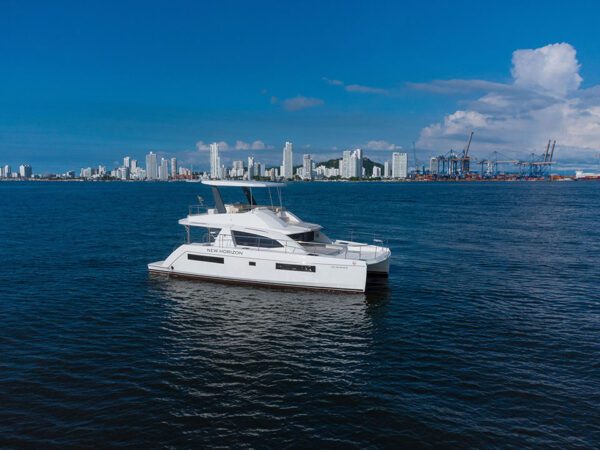 New Horizon catamaran docked at the marina in Cartagena