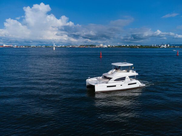 Interior of New Horizon catamaran with shaded lounge area
