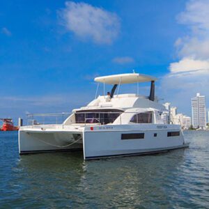 Front view of Oddy Sea catamaran docked in Cartagena harbor
