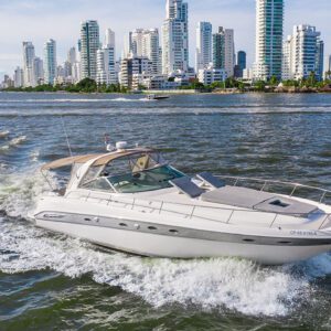 Dining setup on the Palladium yacht’s shaded outdoor lounge area