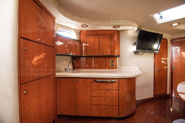 Luxurious interior cabin of the Palladium yacht with leather seating