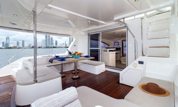 Side profile of a luxury 51-foot catamaran on the water
