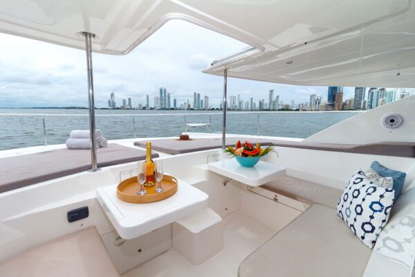 Wide-angle shot of a catamaran party in Cartagena’s bay