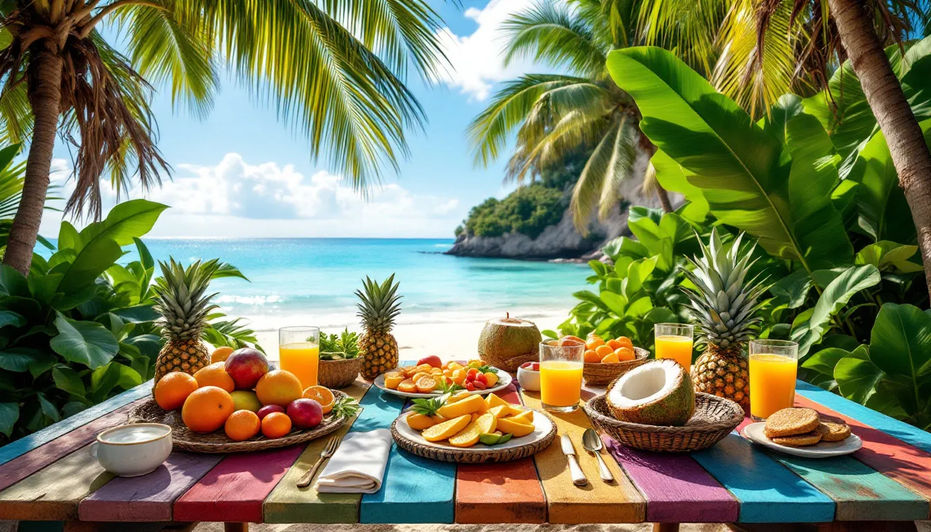 Café da manhã típico servido nas Ilhas Rosário, com frutas frescas e sucos.