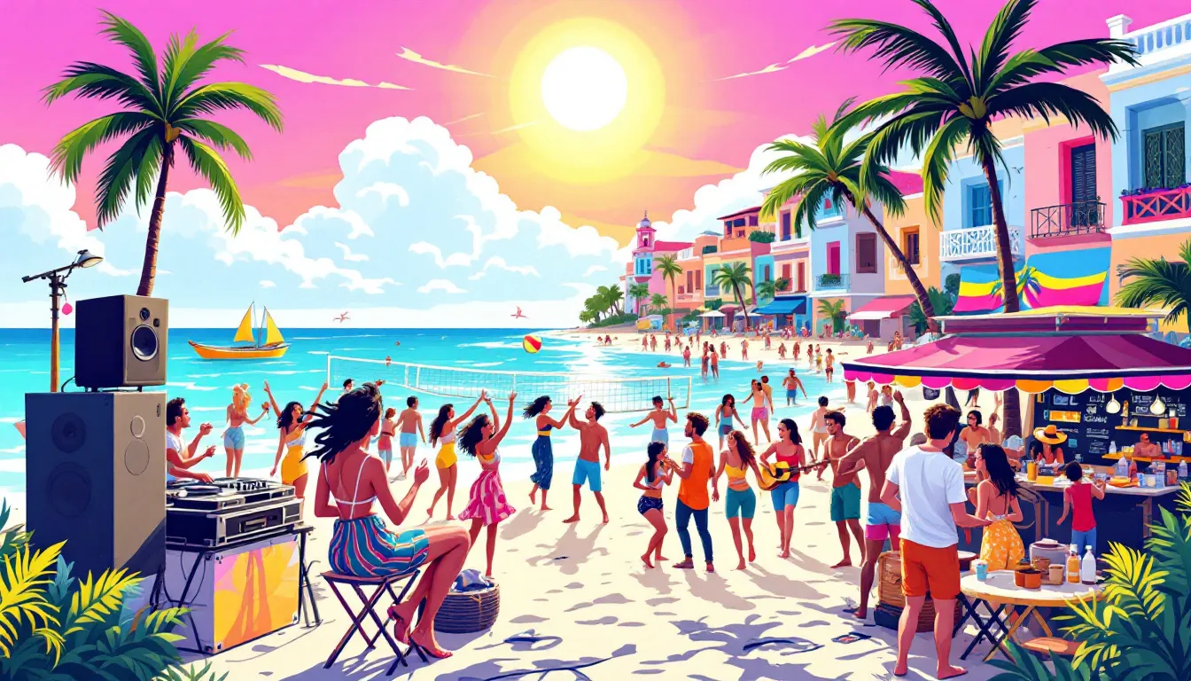 A vibrant beach party scene in Cholón Cartagena, showcasing young travelers enjoying the Caribbean atmosphere.