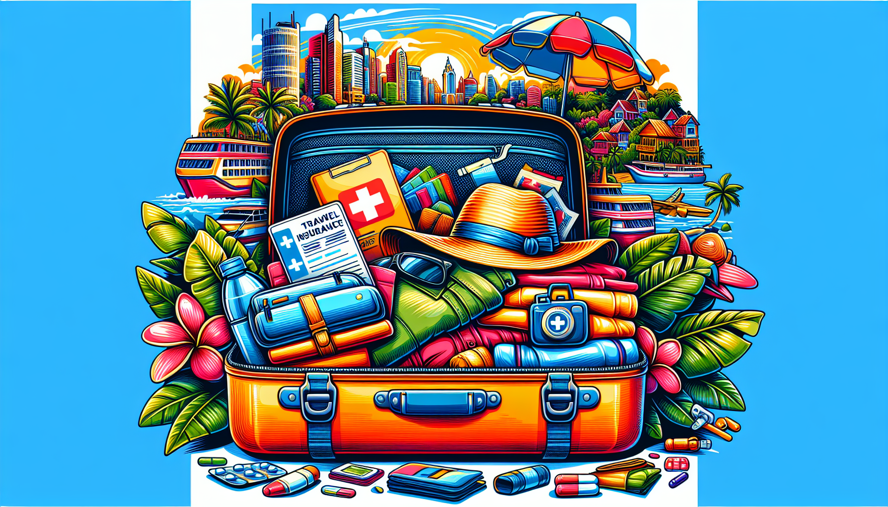 An illustration of packing essentials for a trip to Colombia, focusing on travel safety.