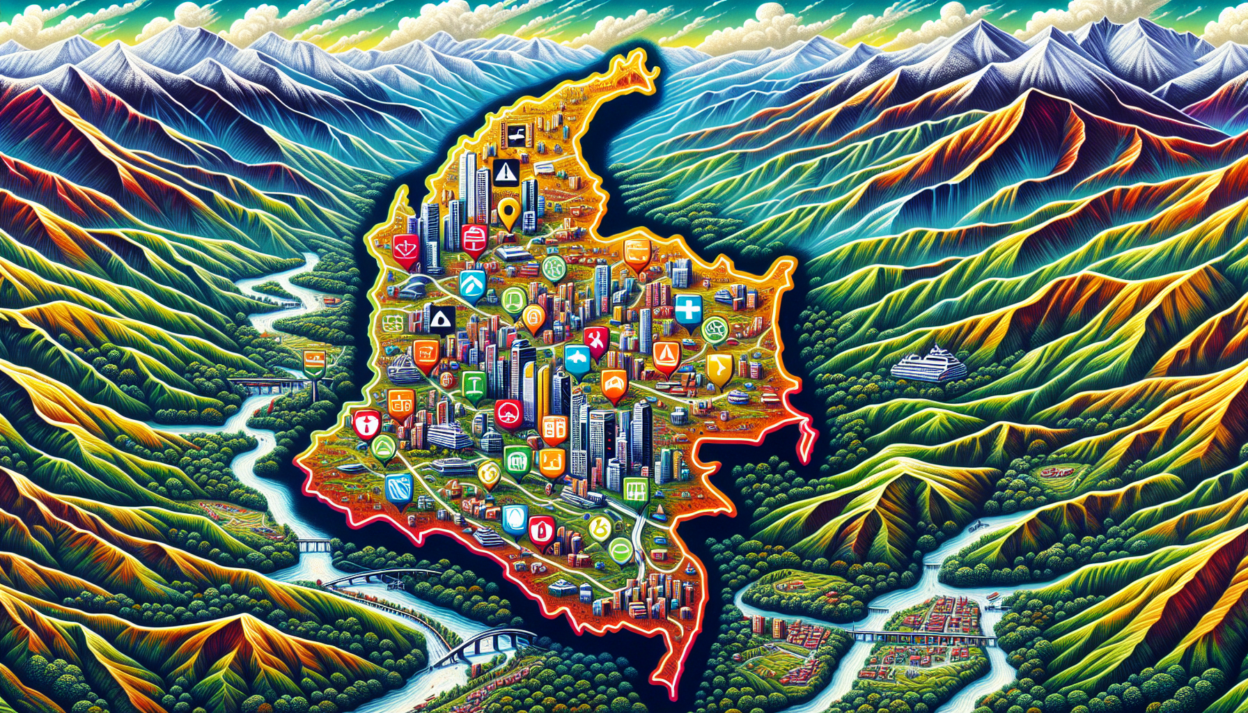 An illustration depicting the current safety situation in Colombia, highlighting various Colombian cities.