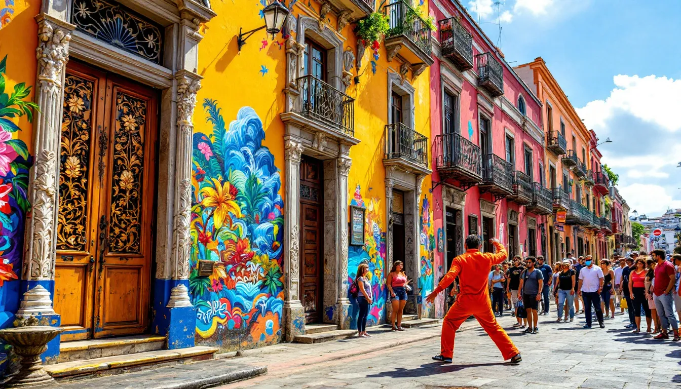 A vibrant view of the Walled City showcasing colonial architecture and street art, a must-see when visiting Cartagena.