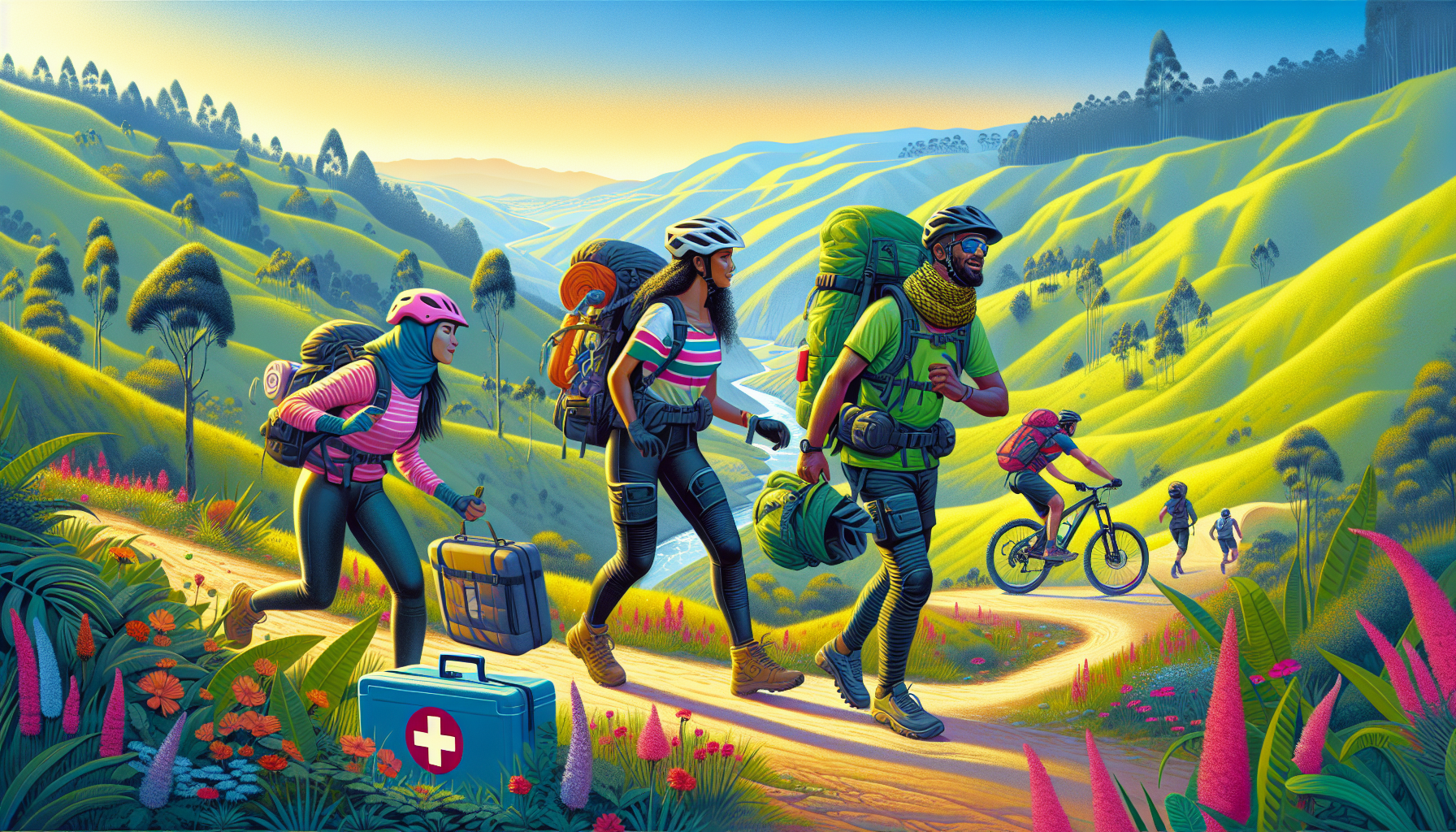 An illustration showing outdoor activities in Colombia, emphasizing safety tips for tourists.