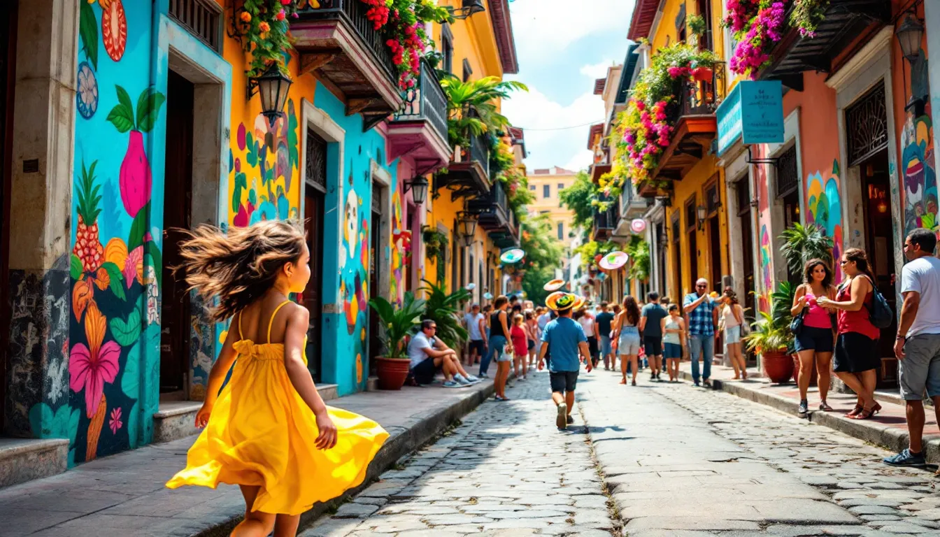 A vibrant street in Getsemaní filled with colorful street art, a highlight when exploring things to do in Cartagena, Colombia.