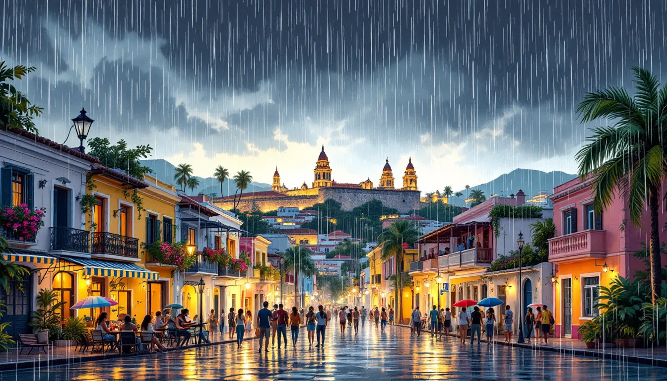 A rainy day in Cartagena, illustrating the rainy season and its effects on the city's landscape.