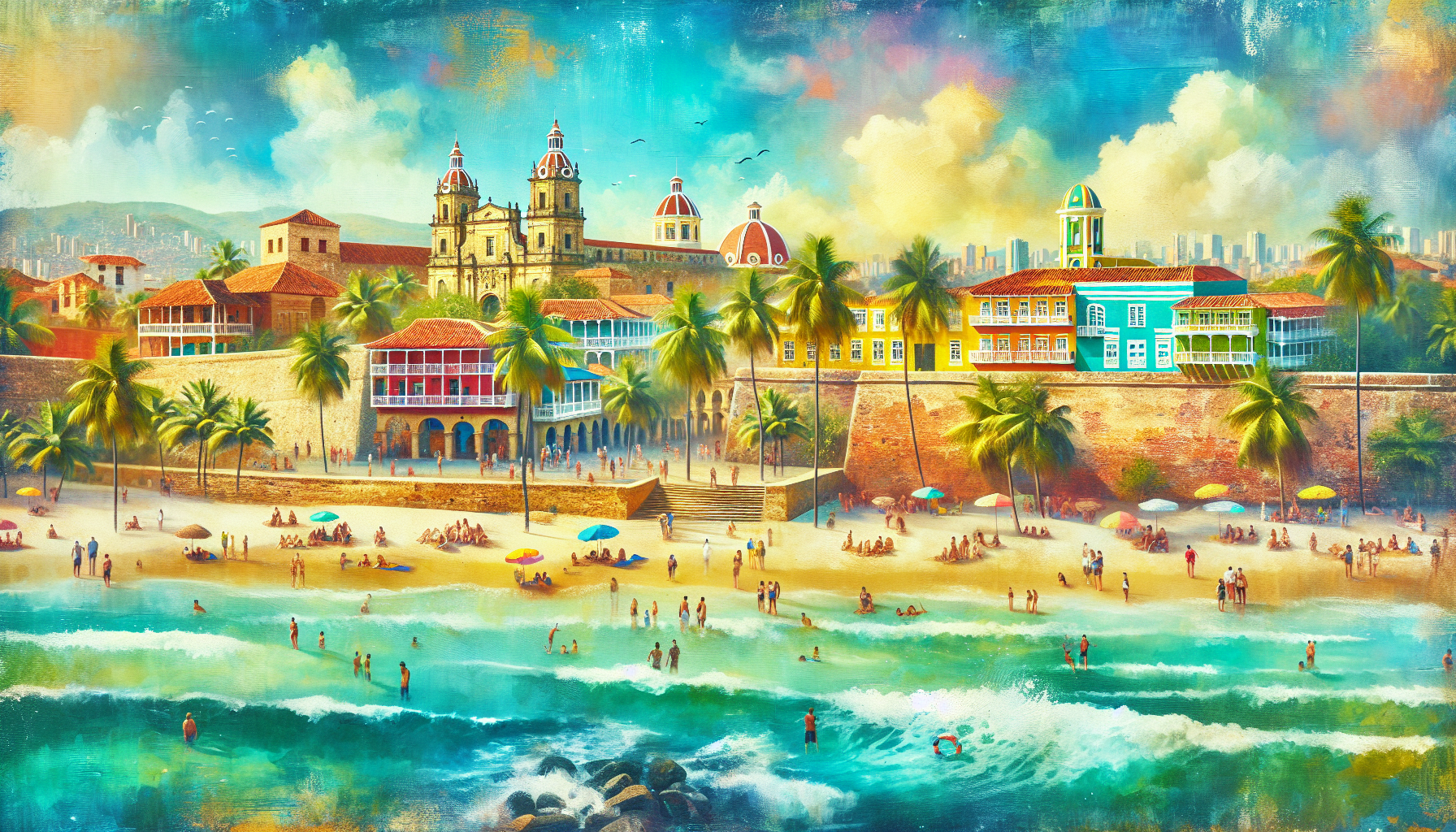 A scenic illustration of safe destinations in Colombia, including Cartagena and Santa Marta.