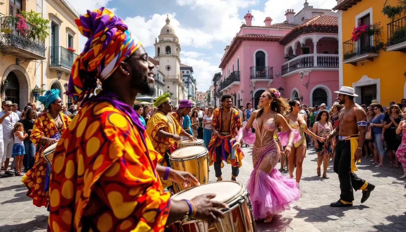 A lively festival scene in Cartagena, showcasing the vibrant cultural events and the best time to visit for music lovers.