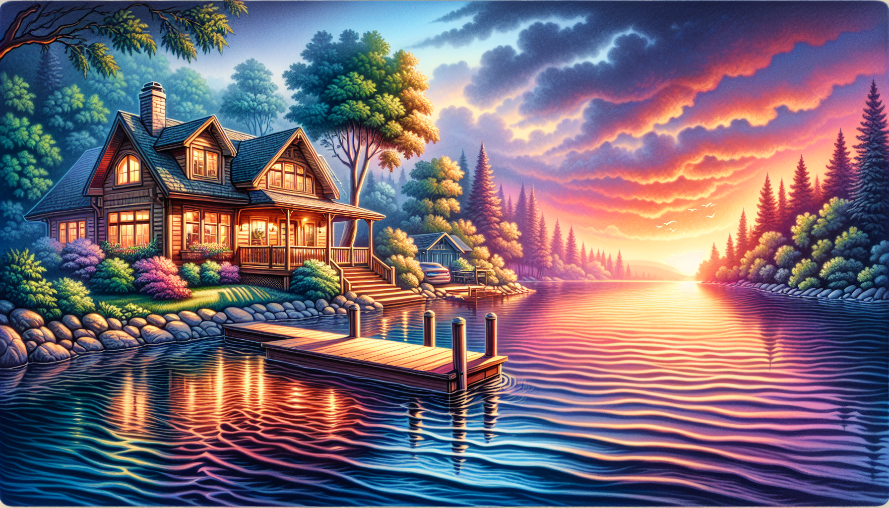 A beautiful lakefront cottage at sunset, showcasing its private dock.