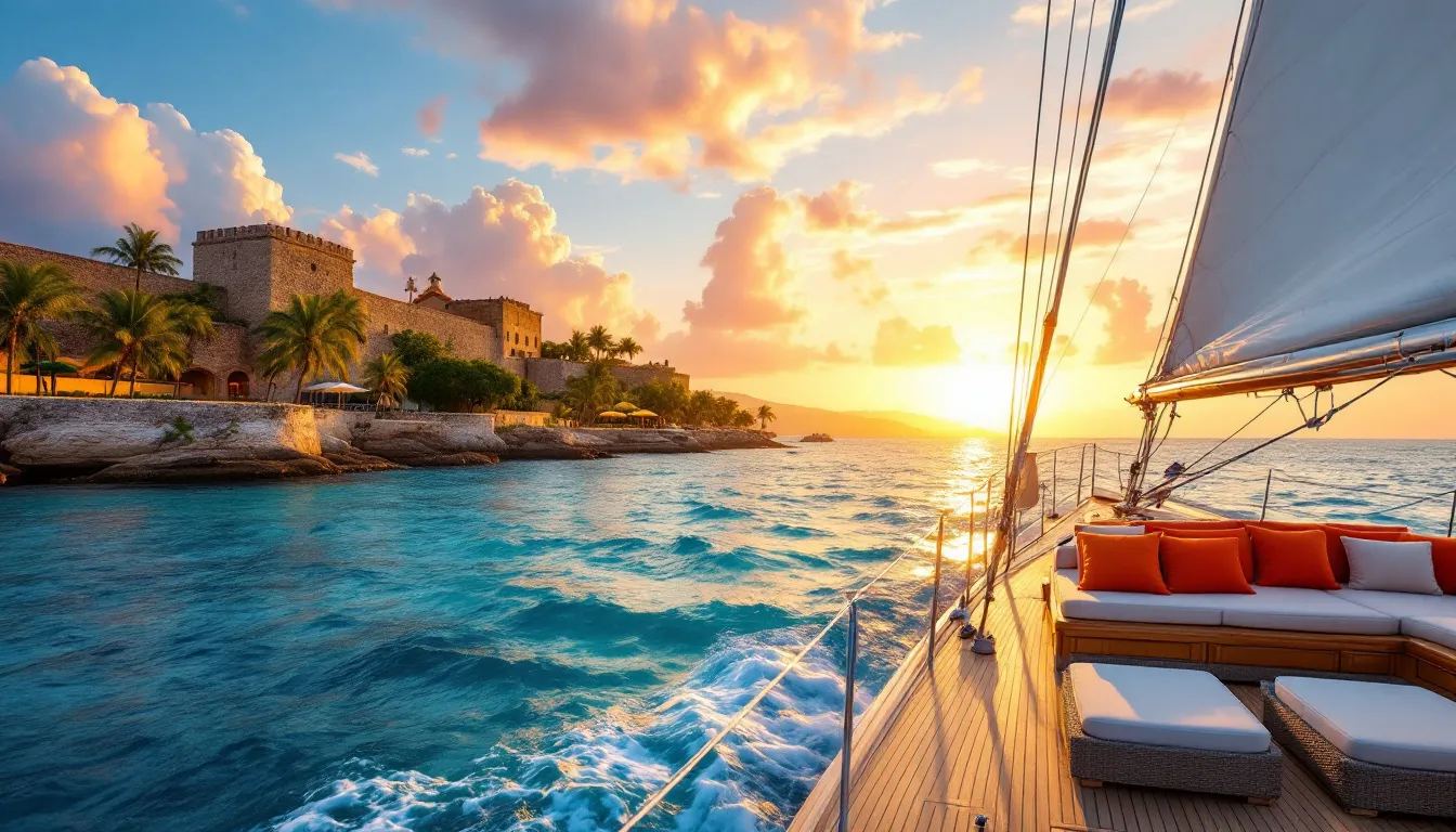 A sunset cruise experience on the Caribbean Sea, showcasing the beauty of Cartagena.