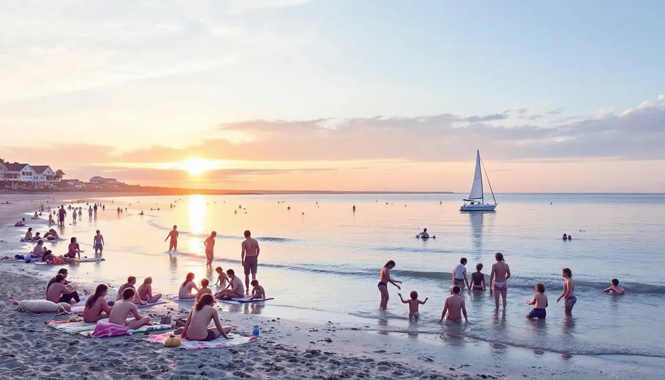 People enjoying beach and water activities near Sunset Bay rentals.