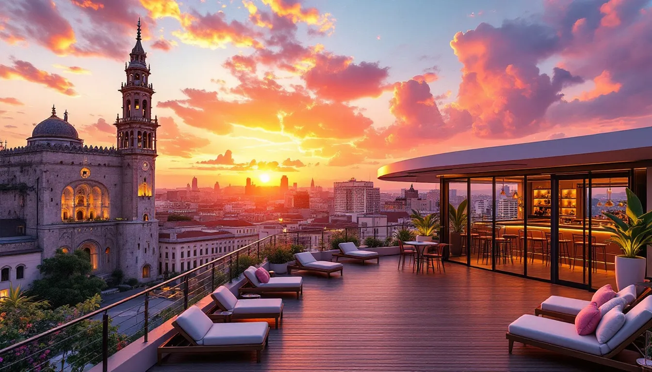 The rooftop bar of Hotel Movich, offering a panoramic view of Cartagena's skyline at sunset.