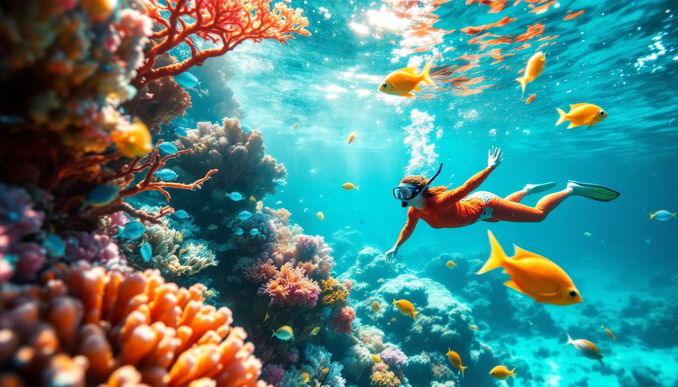 A colorful underwater scene showcasing the vibrant coral reef while snorkeling in Isla Grande.