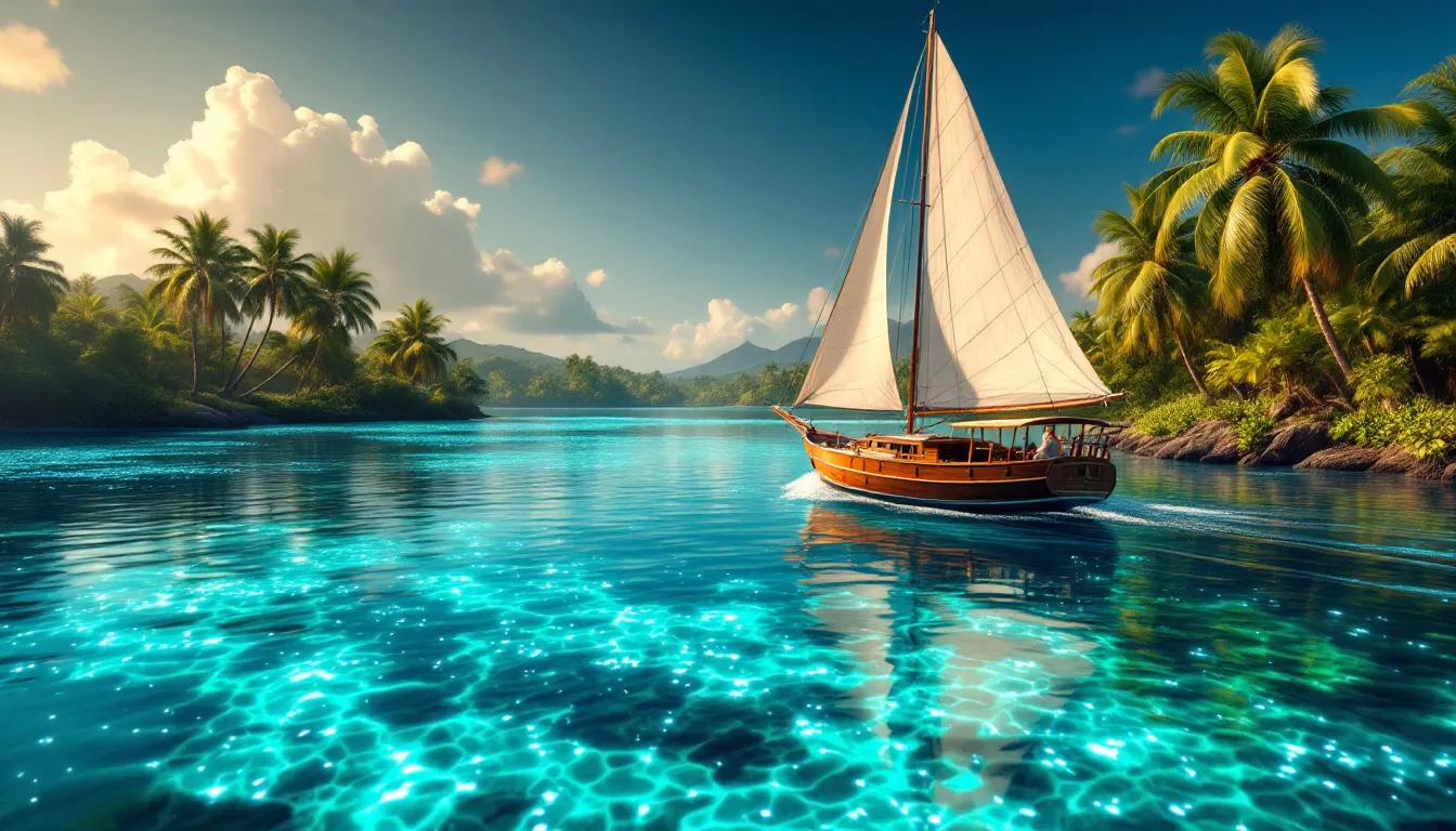 A boat gliding through the enchanted lagoon with bioluminescent plankton illuminating the water.