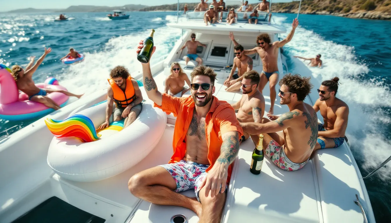 Friends enjoying various activities during a bachelor party boat trip.