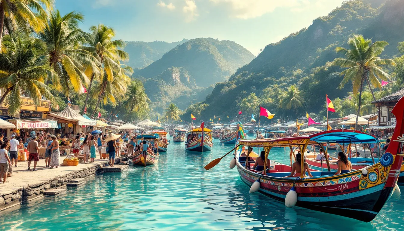 A scenic view of the route to Cholón Island with boats in the foreground.