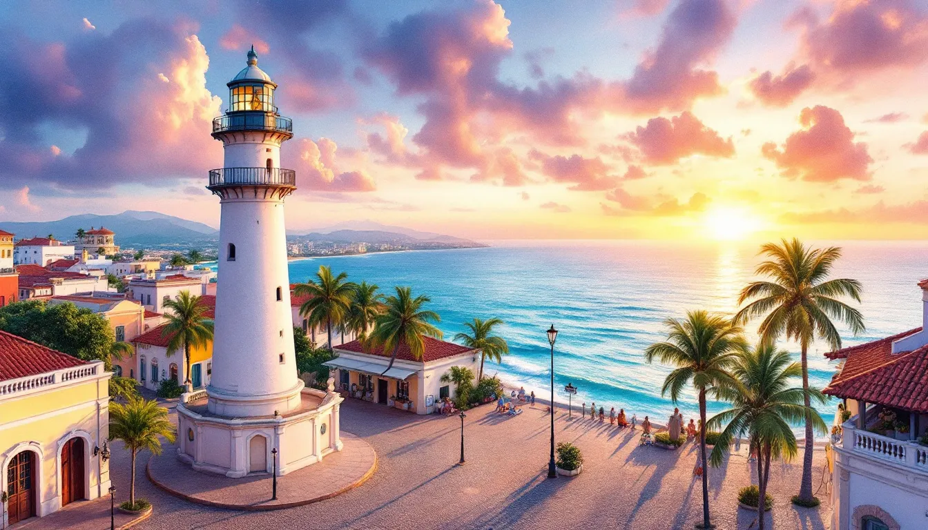 A panoramic view of Plaza Bocagrande during sunset, highlighting the beauty of Cartagena.