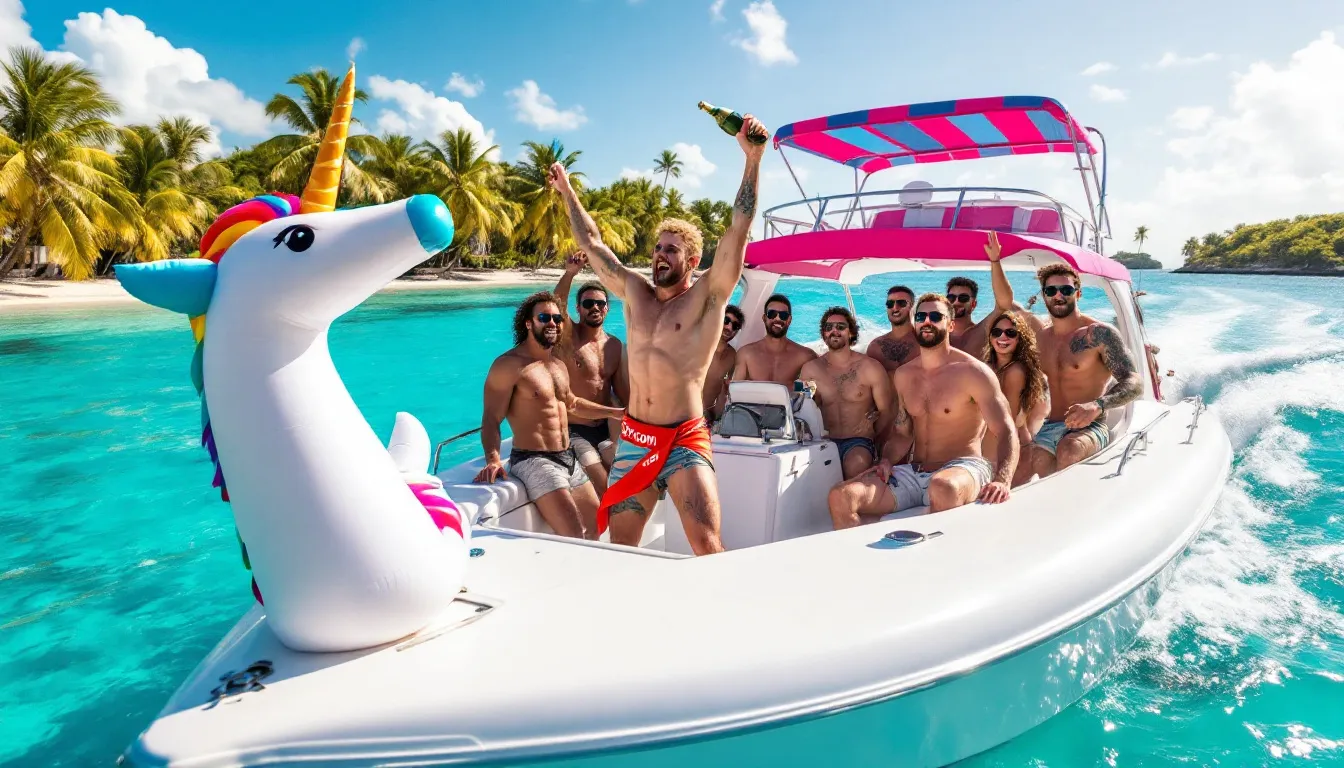 A vibrant bachelor party boat with friends enjoying the sun.