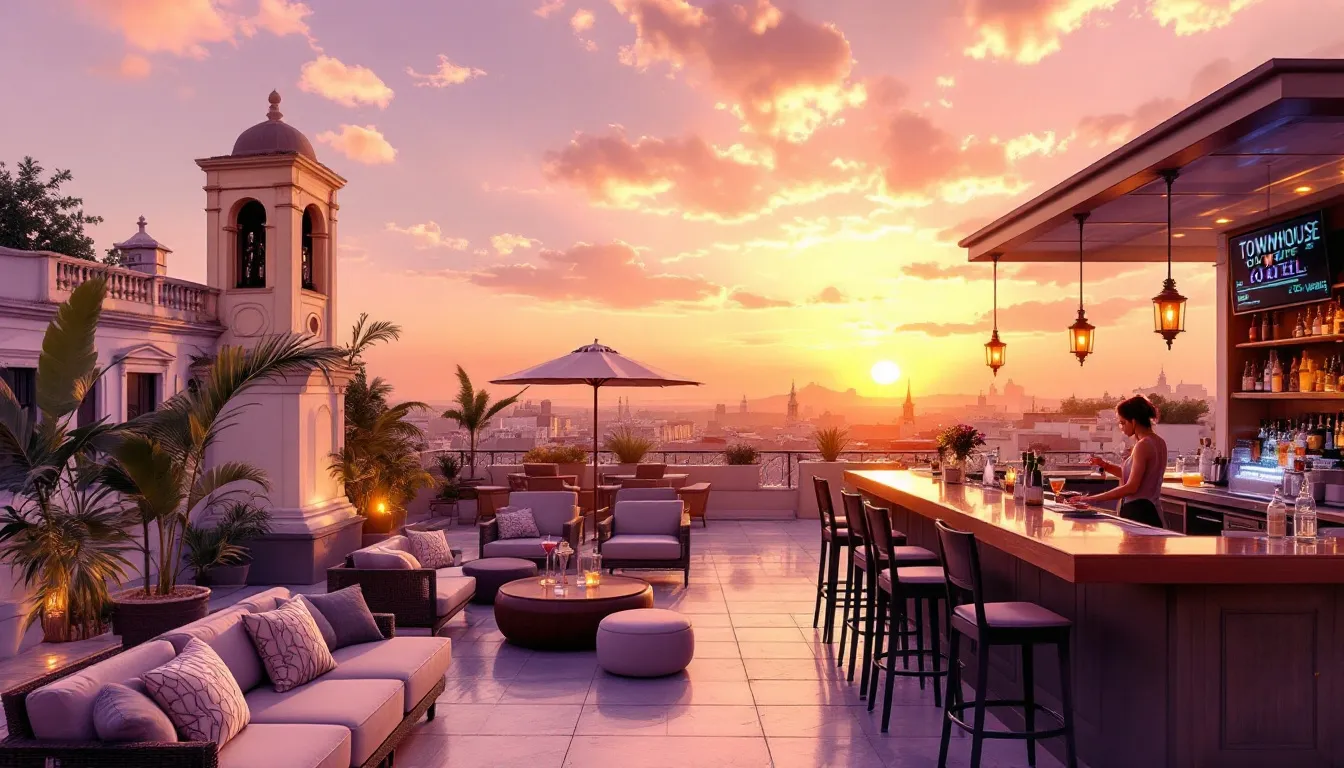 The vibrant atmosphere of Townhouse Boutique Hotel's rooftop bar during sunset.