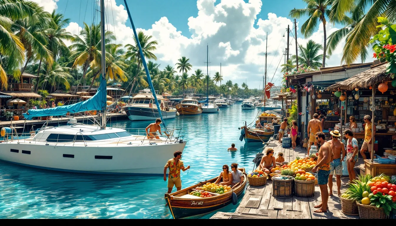 A view of various boats preparing for a trip to Isla Grande, highlighting the vibrant island life.