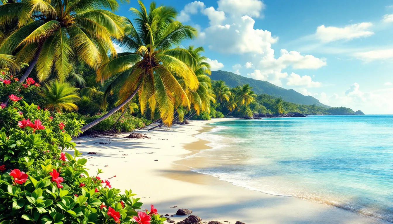 A beautiful view of Caribbean islands of Colombia, showcasing palm trees and white sandy beaches.