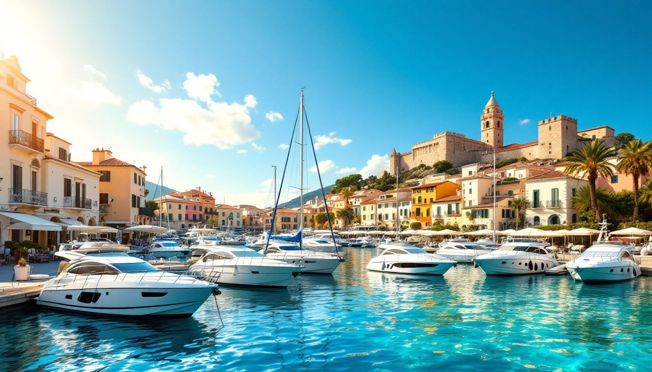 A picturesque view of a popular sailing destination with yachts in the harbor.