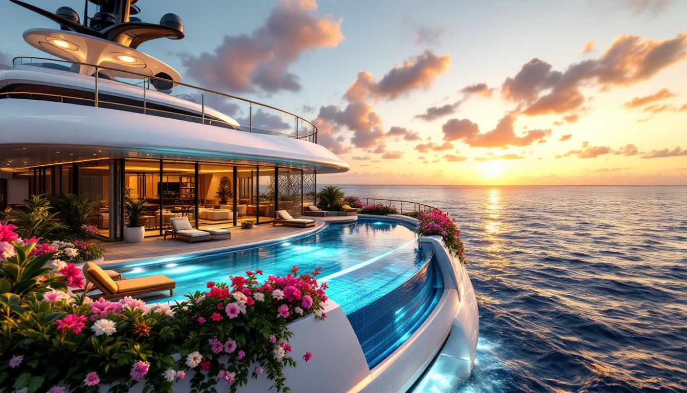 Eine luxuriöse Superyacht mit einem schönen Pool auf dem Deck.