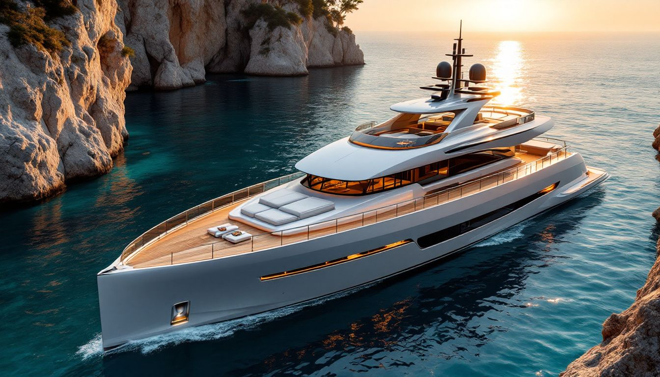 A luxurious yacht available for charter in a picturesque location.