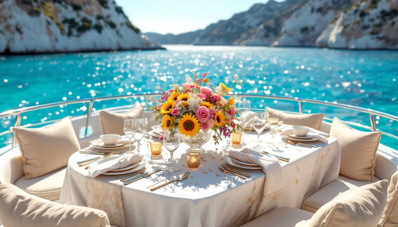 A beautifully set dining table on a yacht, ready for a fine dining experience.