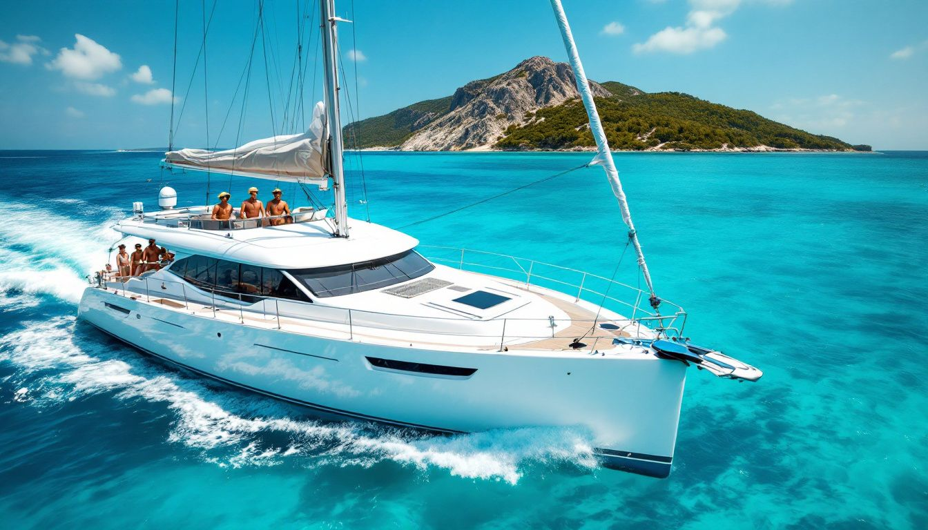 A yacht with crew sailing on clear blue waters.