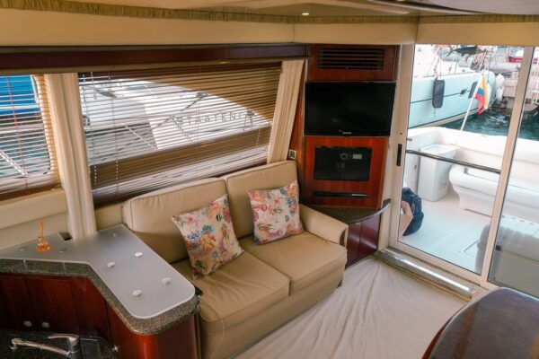 Front deck of Chanul yacht with built-in sunbeds