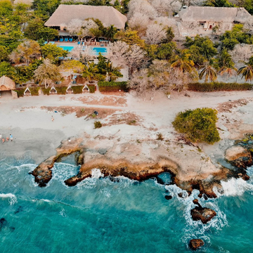 Aerial view of Barú coastline and tropical Caribbean water near Cartagena