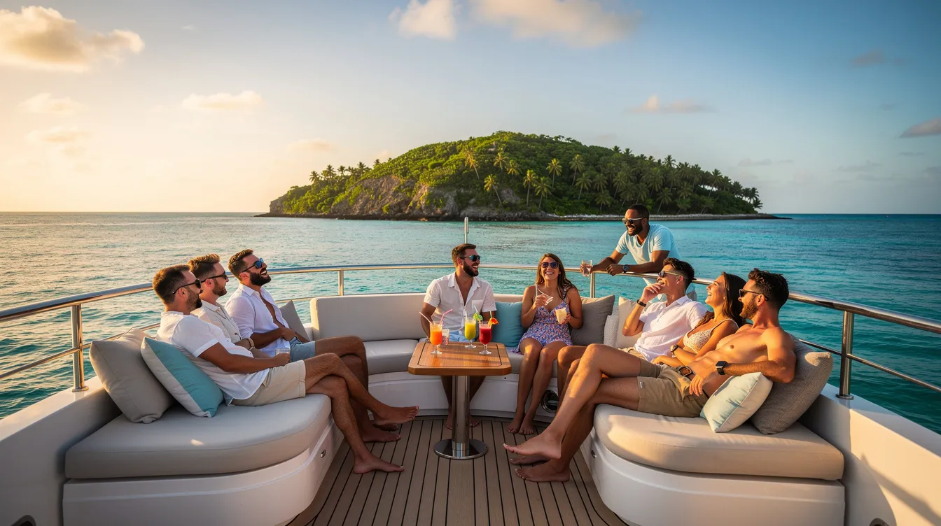 Um grupo de amigos relaxa no deck de um iate ancorado em águas cristalinas perto de uma ilha caribenha, desfrutando do sol e da brisa do mar. A cena evoca a sensação de férias paradisíacas, típicas de destinos como Cartagena e Santa Marta, na Colômbia.