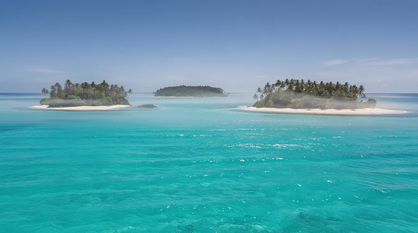 The image depicts the stunning turquoise waters of the Caribbean Sea, dotted with small tropical islands in the distance, ideal for a fun day trip from Cartagena to the Rosario Islands. The scene captures the serene beauty of the coral islands, inviting visitors to explore the beautiful beaches and enjoy activities like snorkeling and island hopping.