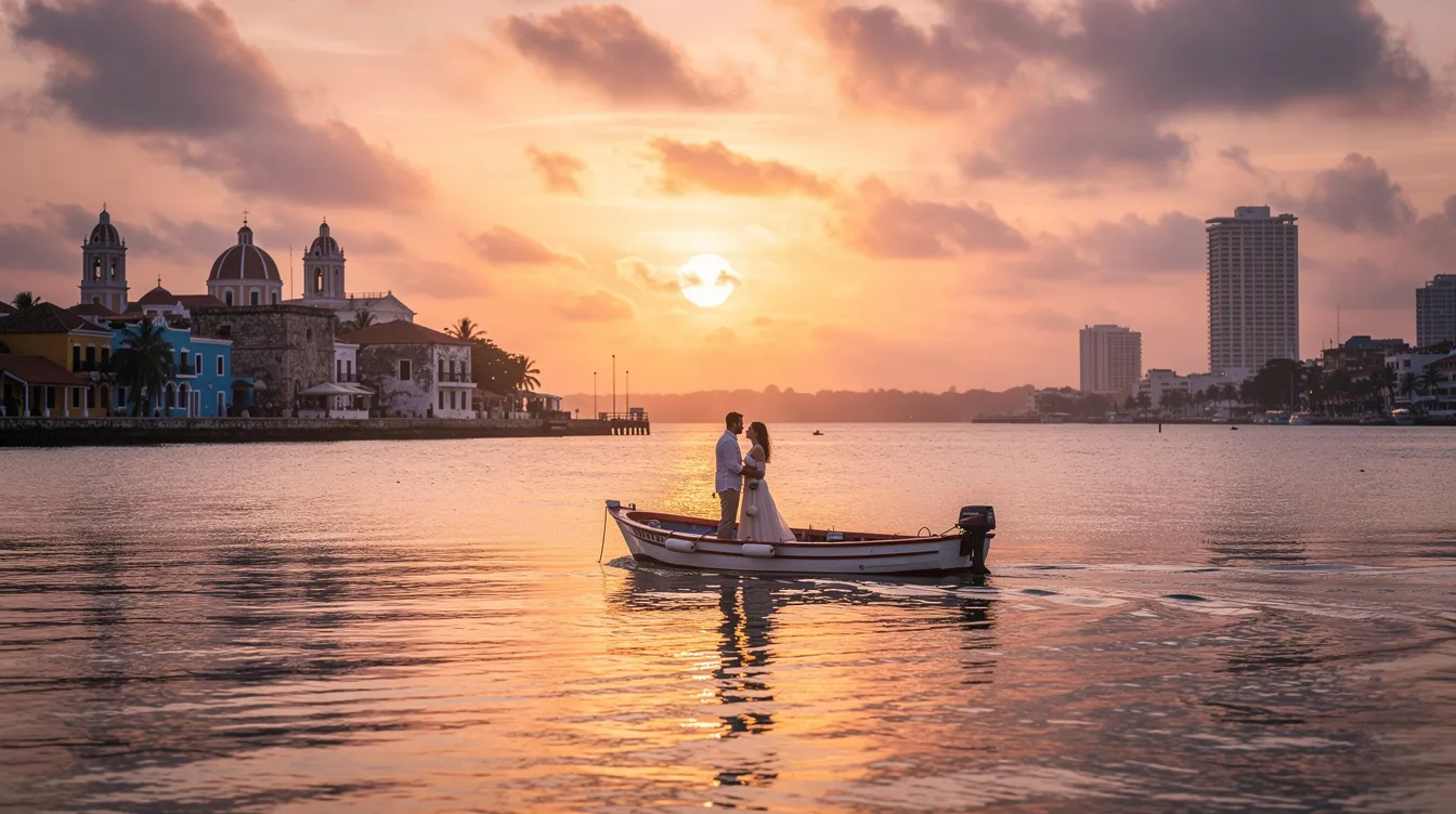Um casal aprecia o pôr do sol deslumbrante a partir de um barco na baía de Cartagena, com as águas tranquilas refletindo tons quentes de laranja e rosa. O cenário é um verdadeiro paraíso, ideal para momentos românticos e experiências inesquecíveis no litoral da Colômbia.