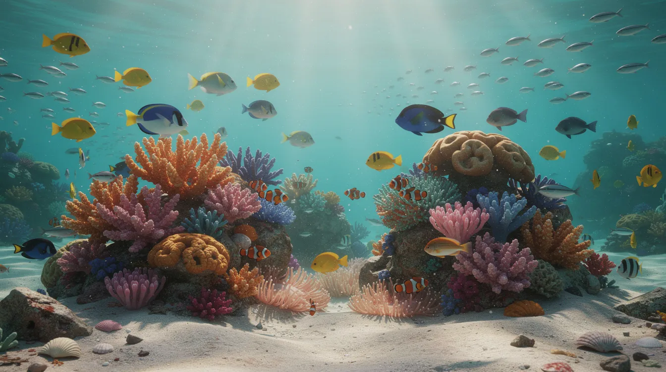 The image depicts a vibrant underwater scene showcasing a colorful coral reef teeming with tropical fish, highlighting the beauty of Colombia's Caribbean coast. This serene environment is perfect for snorkeling adventures during a fun day trip to the Rosario Islands, where visitors can explore the rich marine life and stunning coral islands.