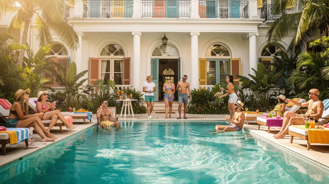 Un groupe d’amis se détend et s’amuse dans une piscine privée d'une villa coloniale, entourée de palmiers et de la beauté de la ville de Cartagena. Cette scène évoque des vacances relaxantes dans une location de vacances idéale pour profiter du soleil et de la convivialité.